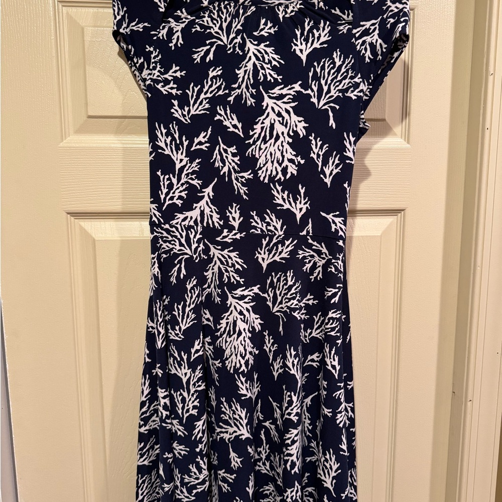 Michael Kors Navy and White Coral Pattern Midi Dress
